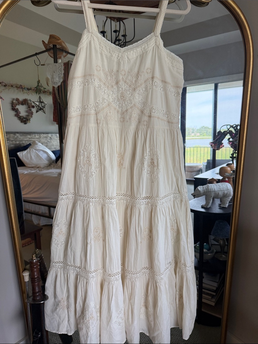Lucky Brand Cream Tiered Maxi Dress with Embroidered Detail